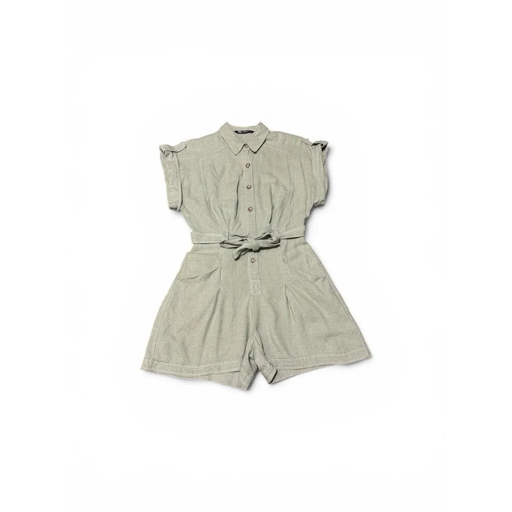 Zara Linen Romper Women's Small Green Utility Belt Coastal Beach Shortalls
